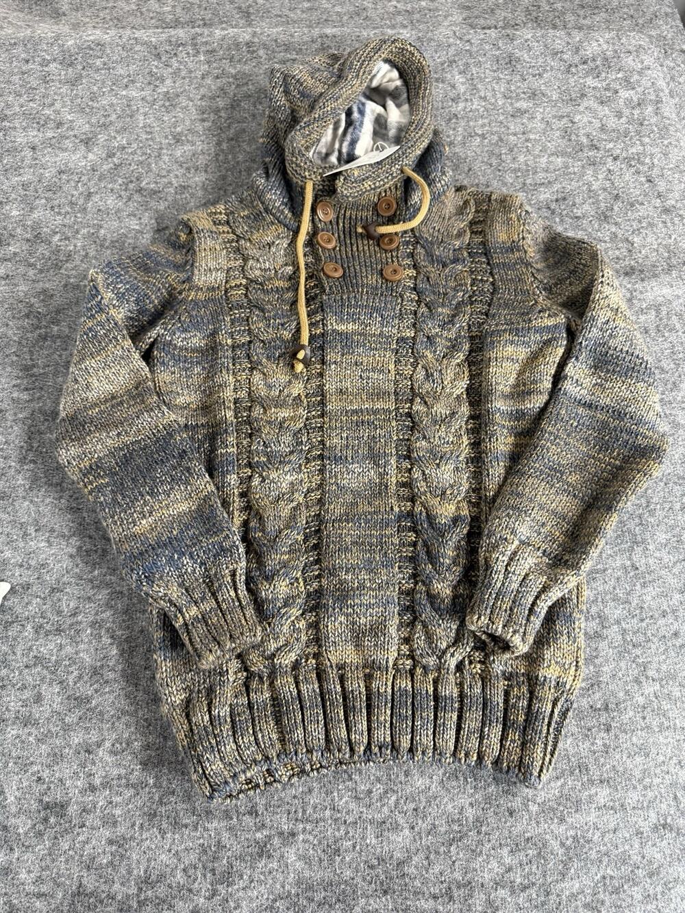 Leif Nelson Sweater Men Medium Brown Argyle Cable Knit Toggles Hooded N316